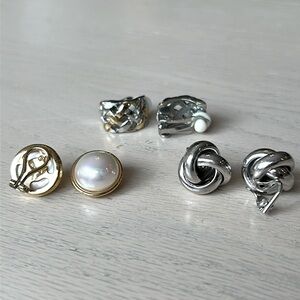 3 pairs clip on earrings. Pearls in gold, gold & silver braid, & silver knots.